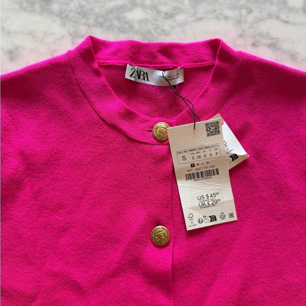Zara Women’s Short Sleeve Knit Cardigan, Fuchsia, Size Small, NWT - Picture 3 of 3